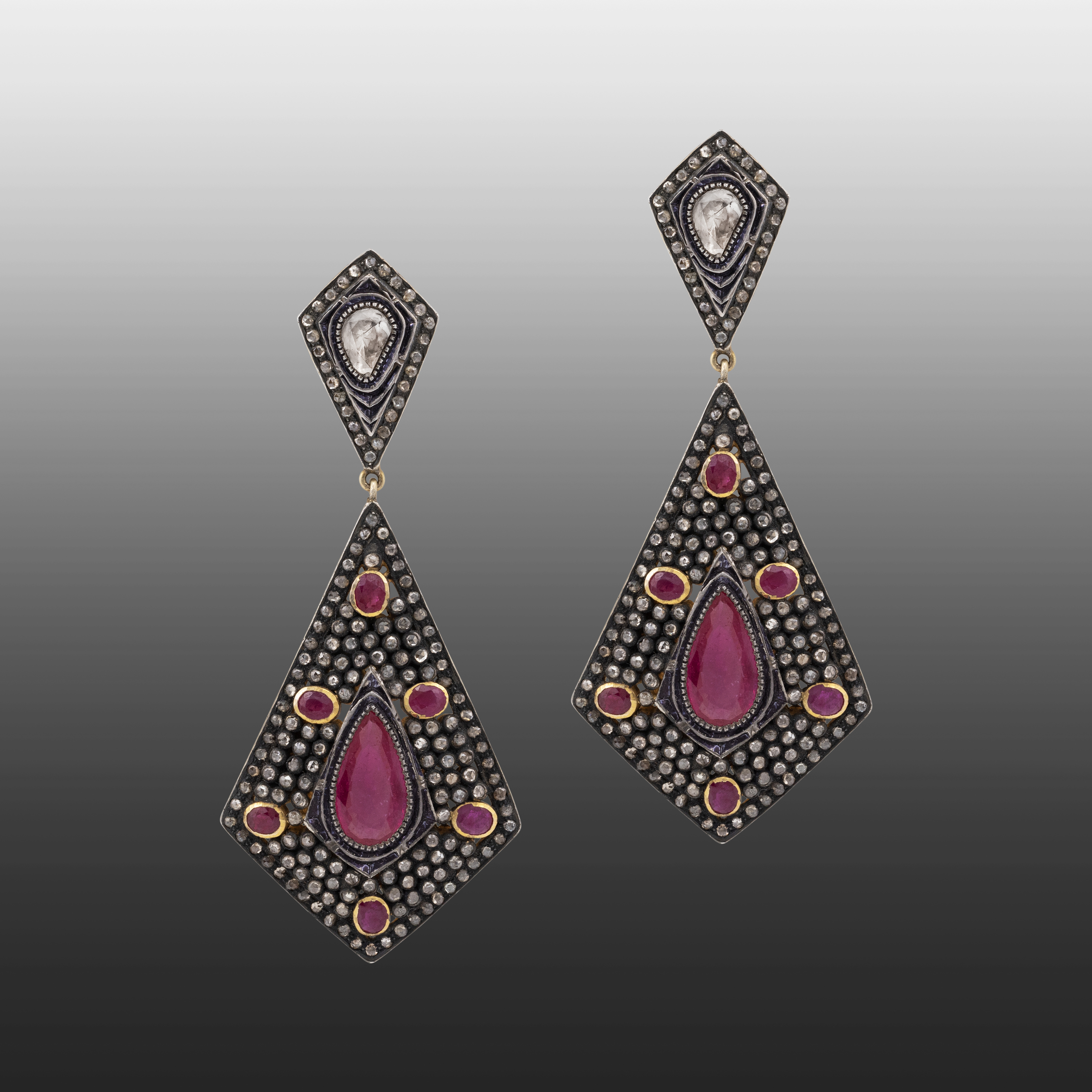 Kite-Shaped Antique Earrings with Ruby and Rose-Cut Diamonds